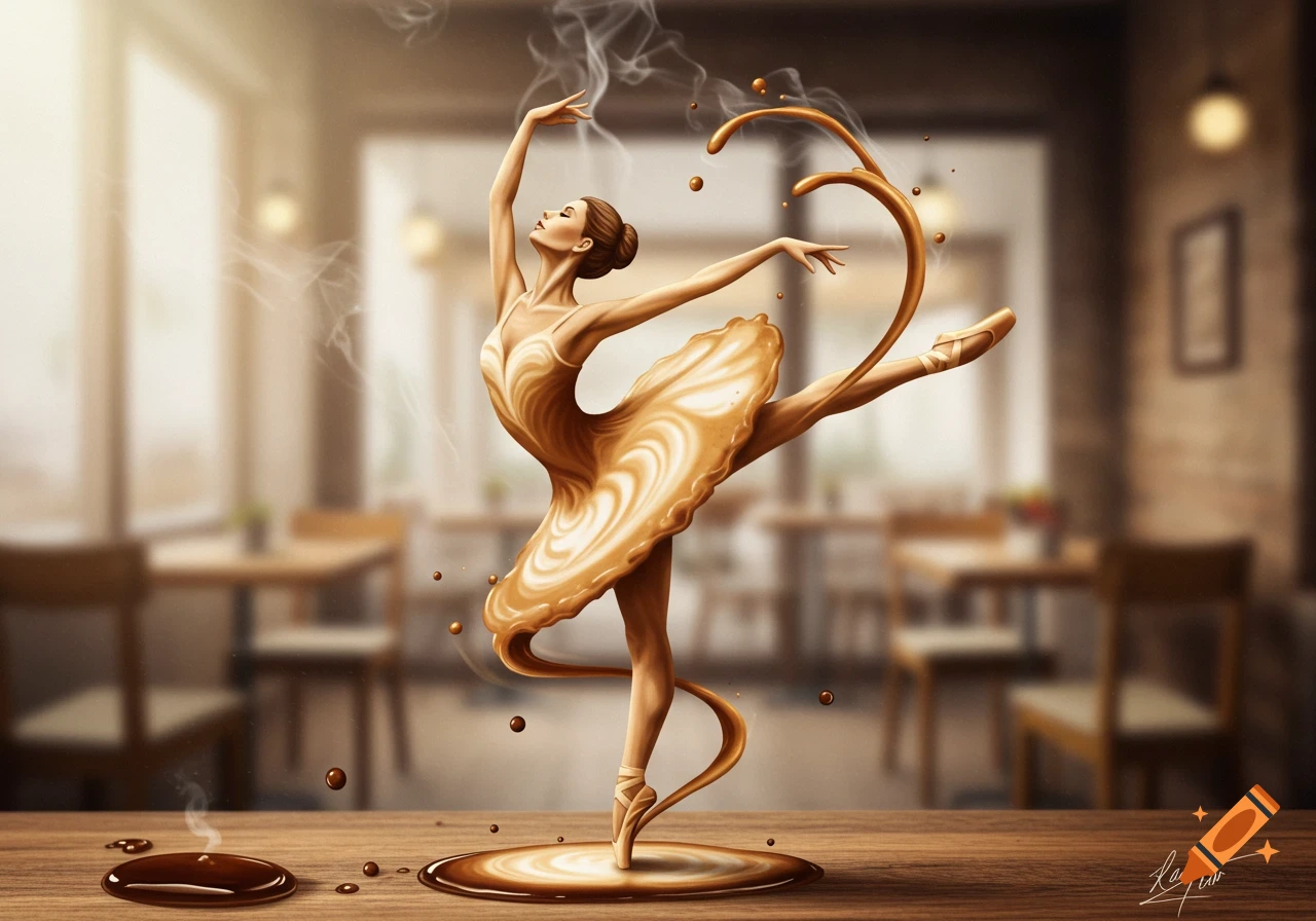 A ballerina made of swirling latte art dances en pointe in a cafe, with coffee splashes and steam rising around her.