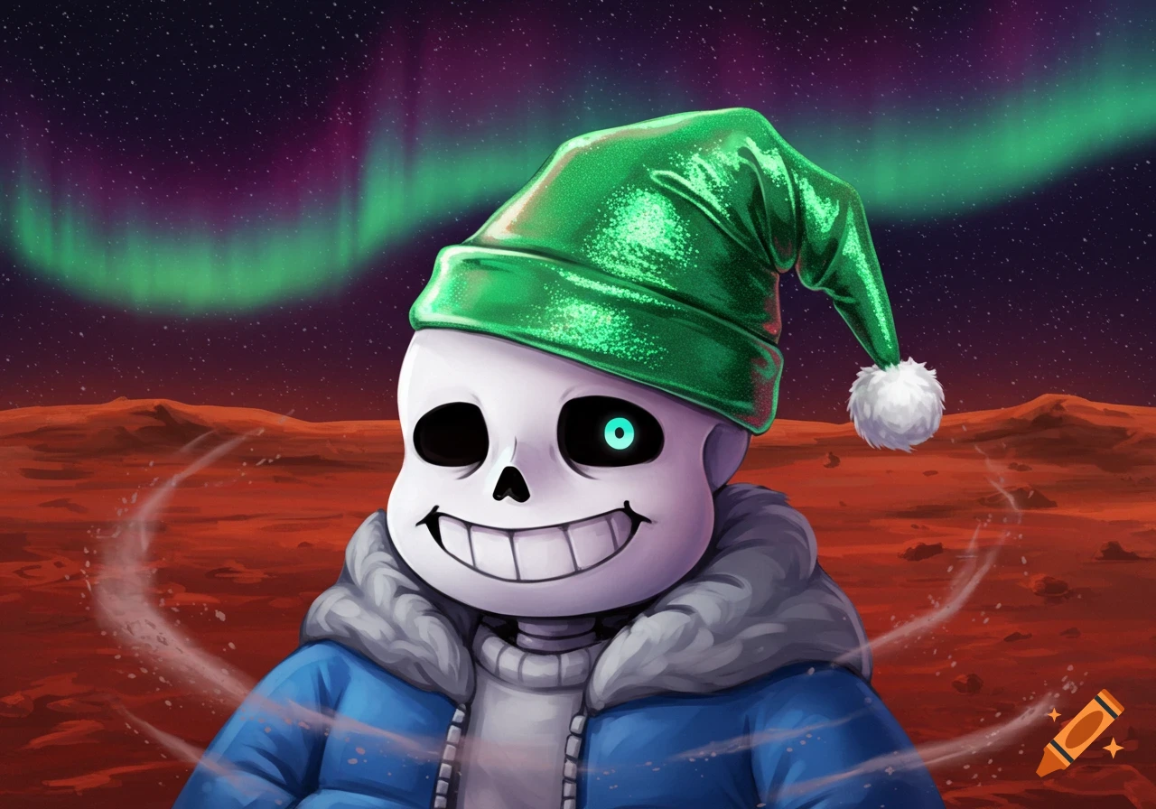 Smiling Sans from Undertale wears a green sparkly Martian Santa hat under a green aurora on a red planet.