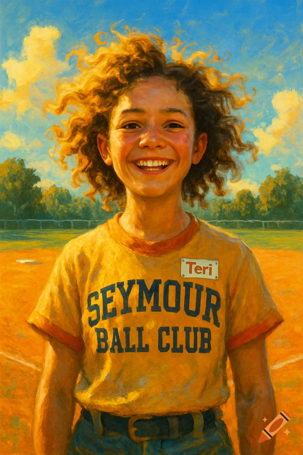 A smiling child with curly hair in a yellow t-shirt that says 'Seymour Ball Club' and a 'Teri' name tag, standing on a baseball field in a painterly style.