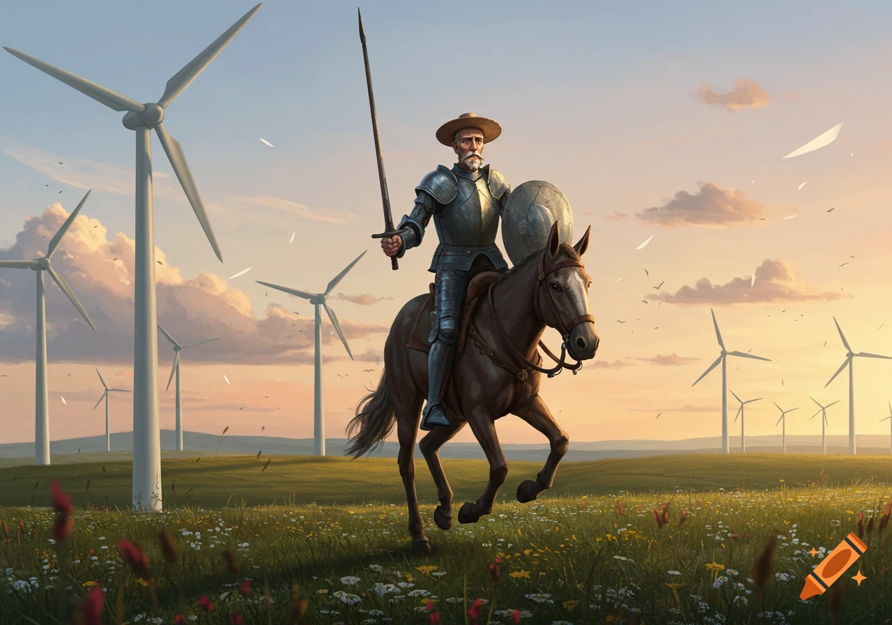 Don Quixote, armored on a horse with sword and shield, charges towards modern windmills in a green field at sunset, illustration.