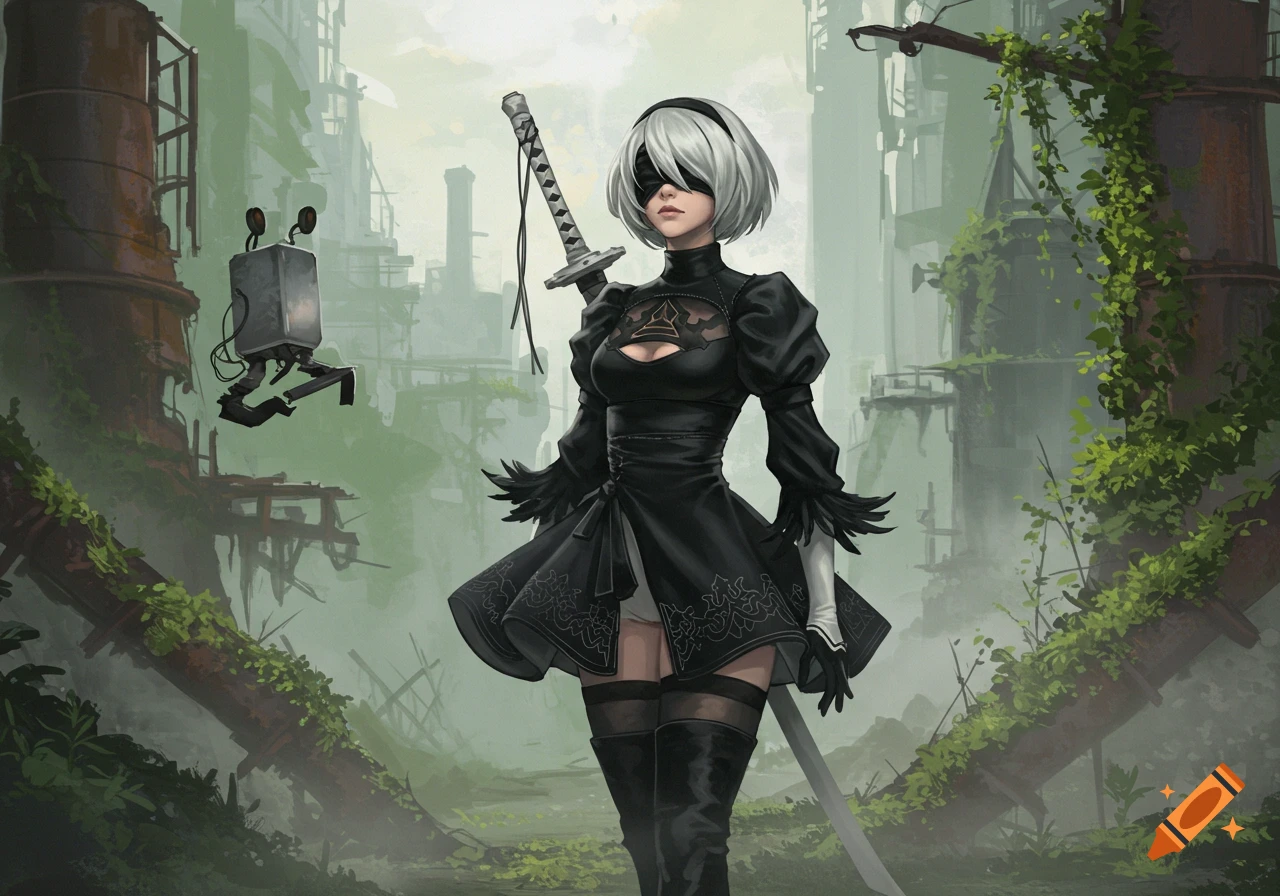 Digital illustration of 2B from Nier Automata in a black dress and blindfold, holding a katana in overgrown industrial ruins.