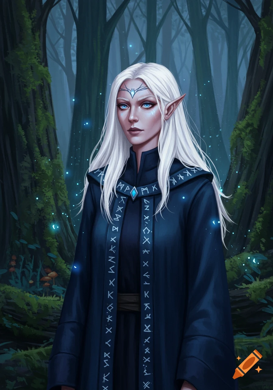 A white-haired female elf wizard with blue eyes wearing a dark blue robe adorned with runic symbols stands in a mystical forest.