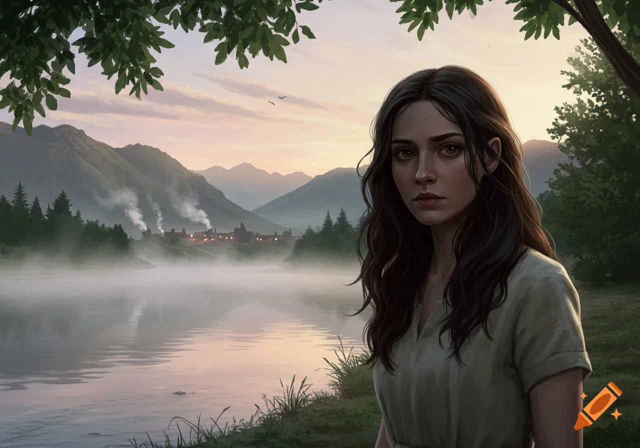 A young woman with long dark hair stands by a misty lake with mountains and a village in the background at dawn.