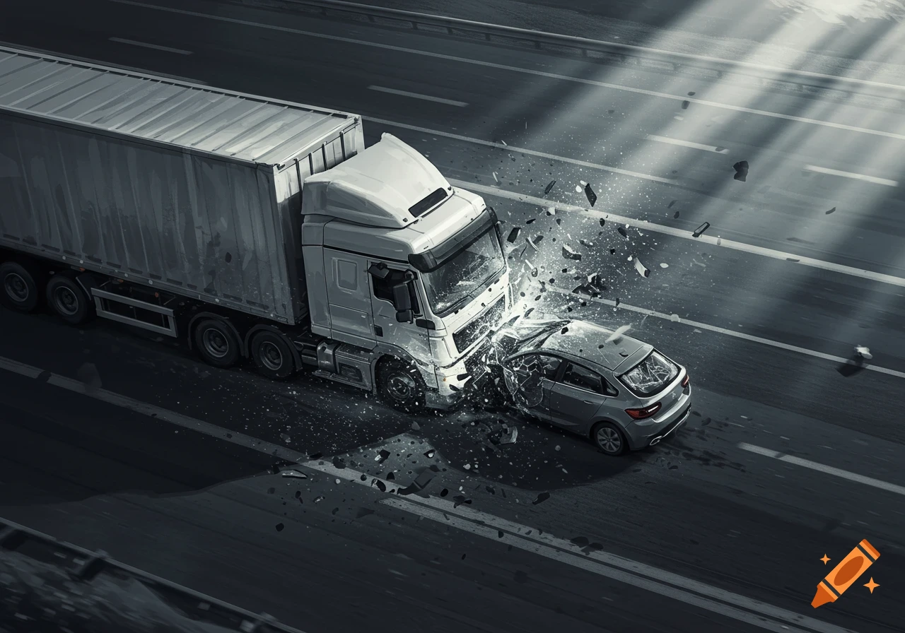 Overhead illustration of a semi-truck colliding with a grey car on a highway, sending debris flying.