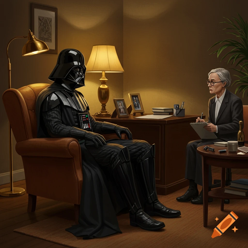 Darth Vader sits in a therapy session, facing a female therapist who is taking notes in a warm, dimly lit office.