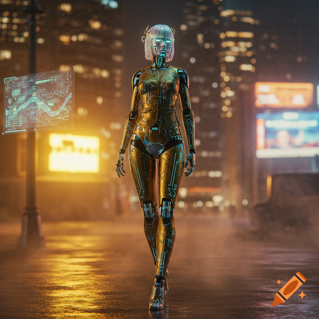 A gold and blue cybernetic robot woman with glowing eyes and circuits walks in a rainy, neon-lit futuristic city at night.