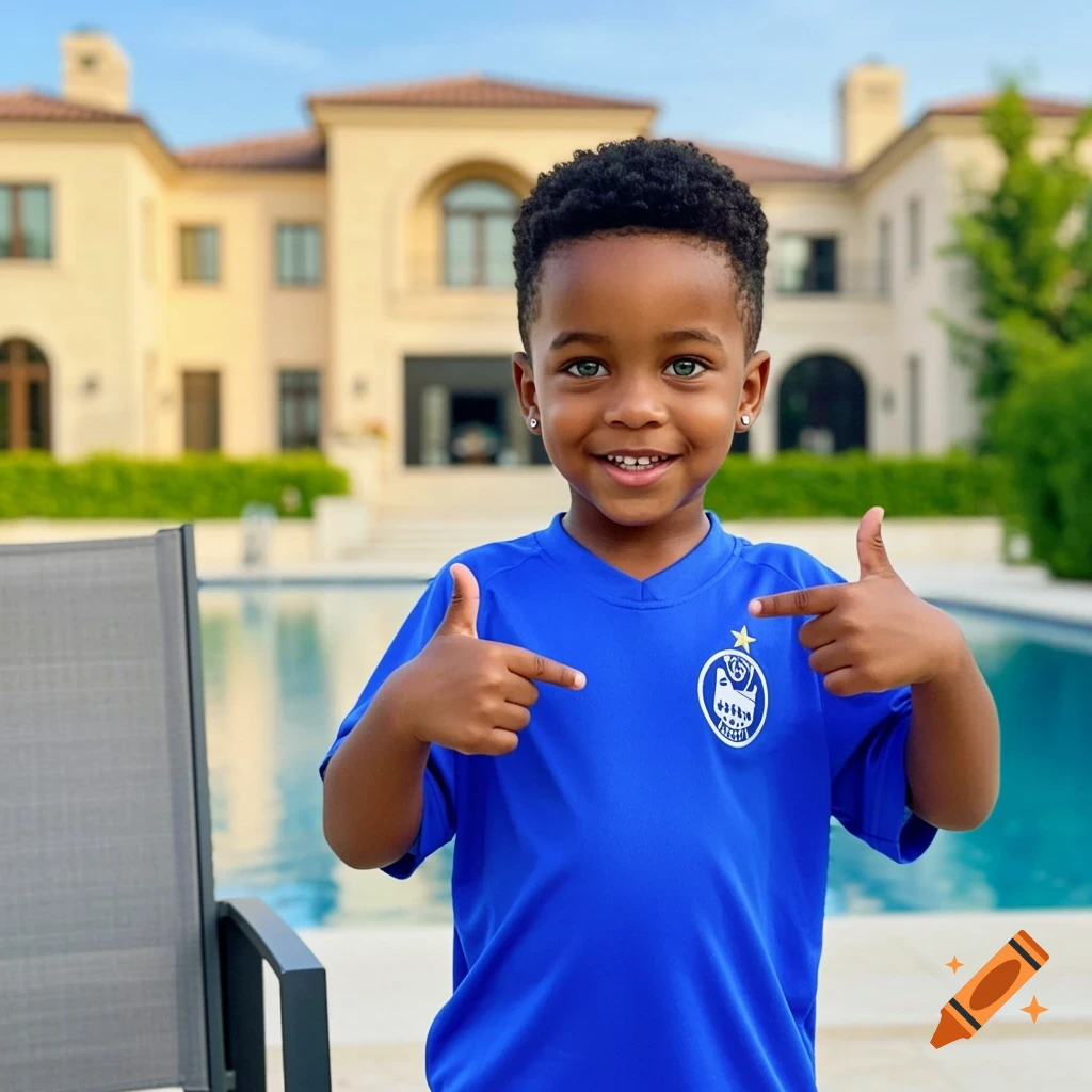 A smiling young boy with an afro buzzcut and green eyes wears a blue soccer jersey, giving a thumbs up and pointing at his shirt while standing near a pool in front of a mansion.