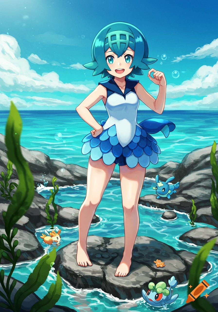 Anime character Lana from Pokemon stands on rocks by the ocean with several Pokemon swimming around her.