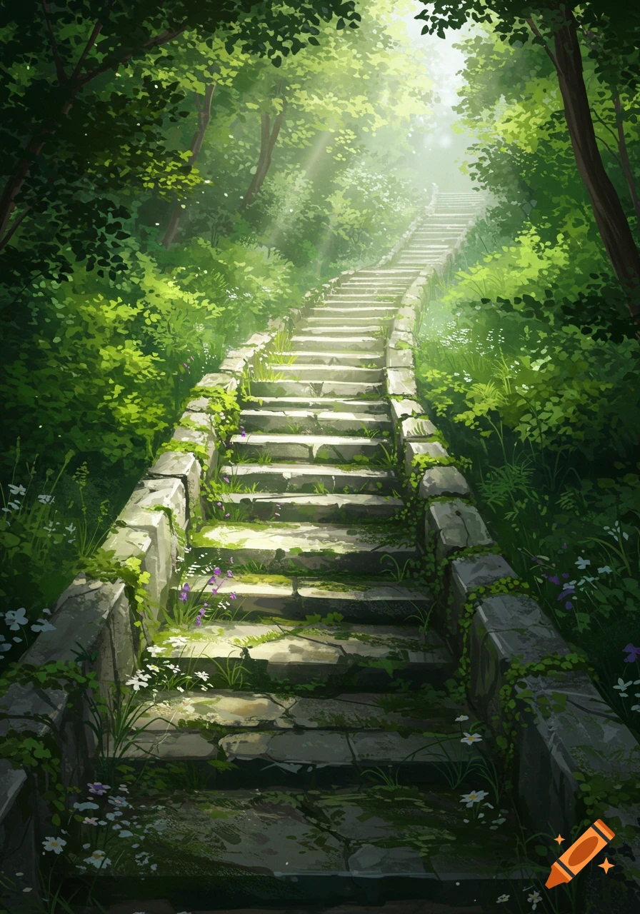 A sun-dappled stone staircase winding up through a lush green forest, in a digital painting style.