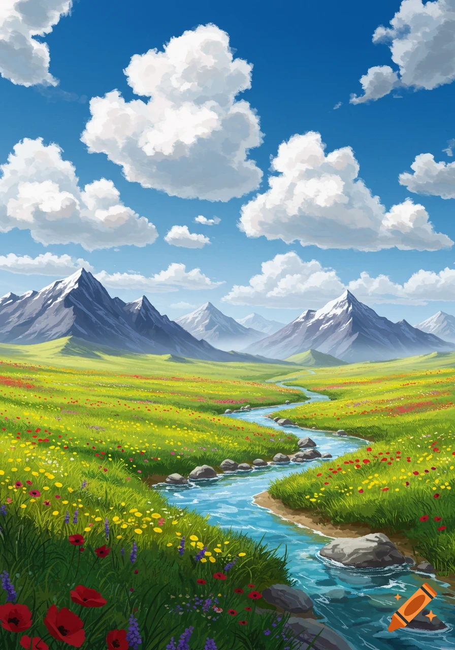 Vibrant stylized landscape with snow-capped mountains, a winding river through a wildflower meadow, and fluffy clouds.