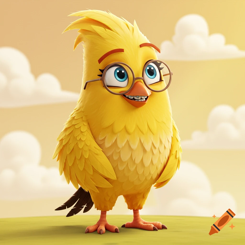 A cute yellow cartoon bird with blue eyes, glasses, and braces stands on green grass under a cloudy sky.