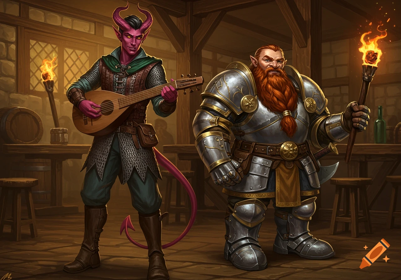 A tiefling bard plays a lute next to a dwarf paladin holding a torch in a warm, dimly lit tavern.
