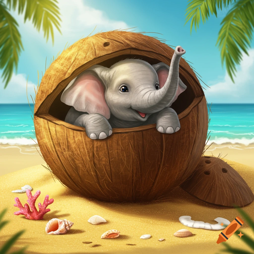 A cute cartoon baby elephant peeking out of a coconut shell on a sandy tropical beach.