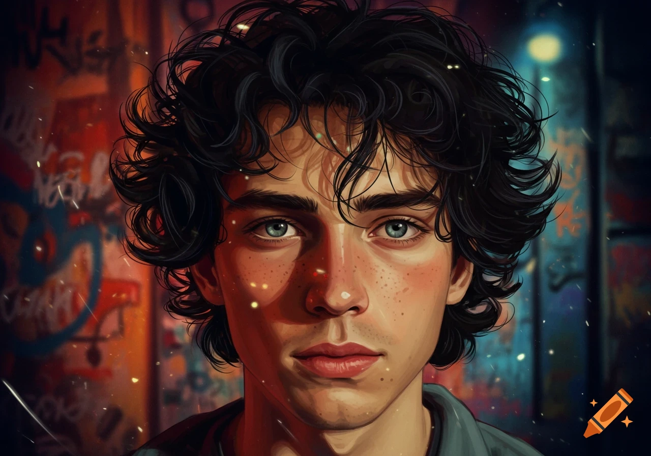 A close-up digital painting of a young man with dark curly hair and freckles, against a blurred, colorful graffiti background.