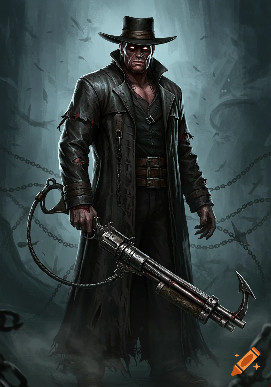 A dark fantasy character, a man in a trench coat and hat with glowing red eyes, holding a steampunk-style weapon with a grappling hook.