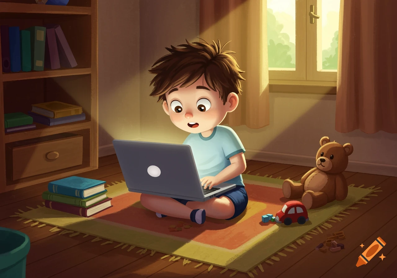 Cartoon boy sitting cross-legged on a rug, looking at a glowing laptop screen at home. Books and toys are nearby.