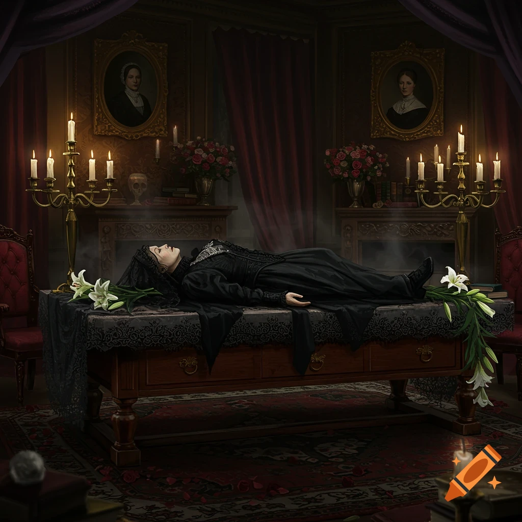 A deceased woman in black lies in repose on a table in a dark Victorian drawing room, surrounded by candles and lilies.