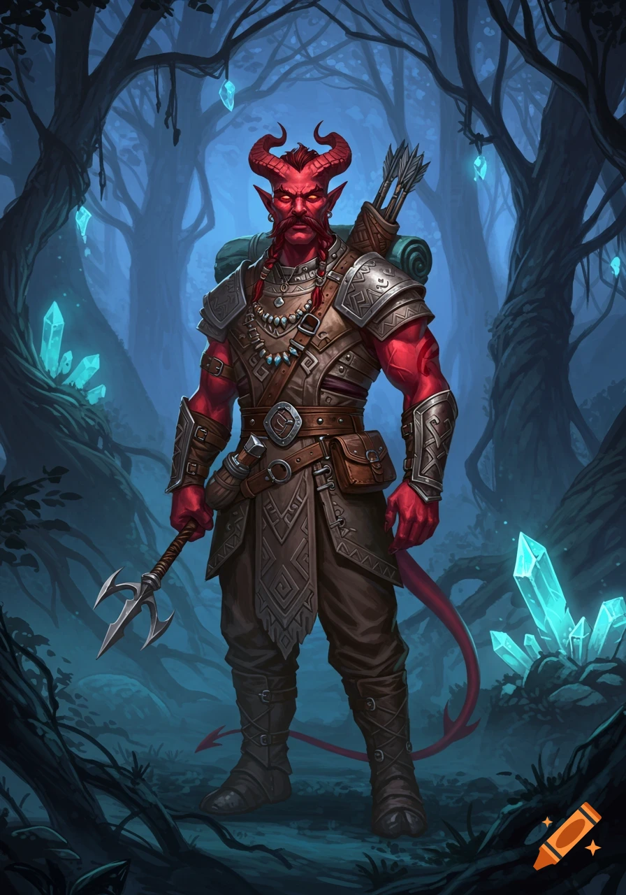 Red-skinned Tiefling character in adventuring gear, with horns, beard, and trident, in a mystical forest with glowing crystals.