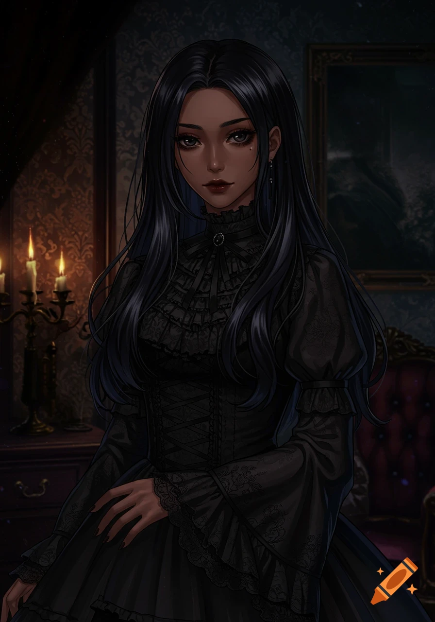 Anime-style gothic girl with long dark hair, pale skin, wearing a black lace dress in a dimly lit Victorian room with candles.