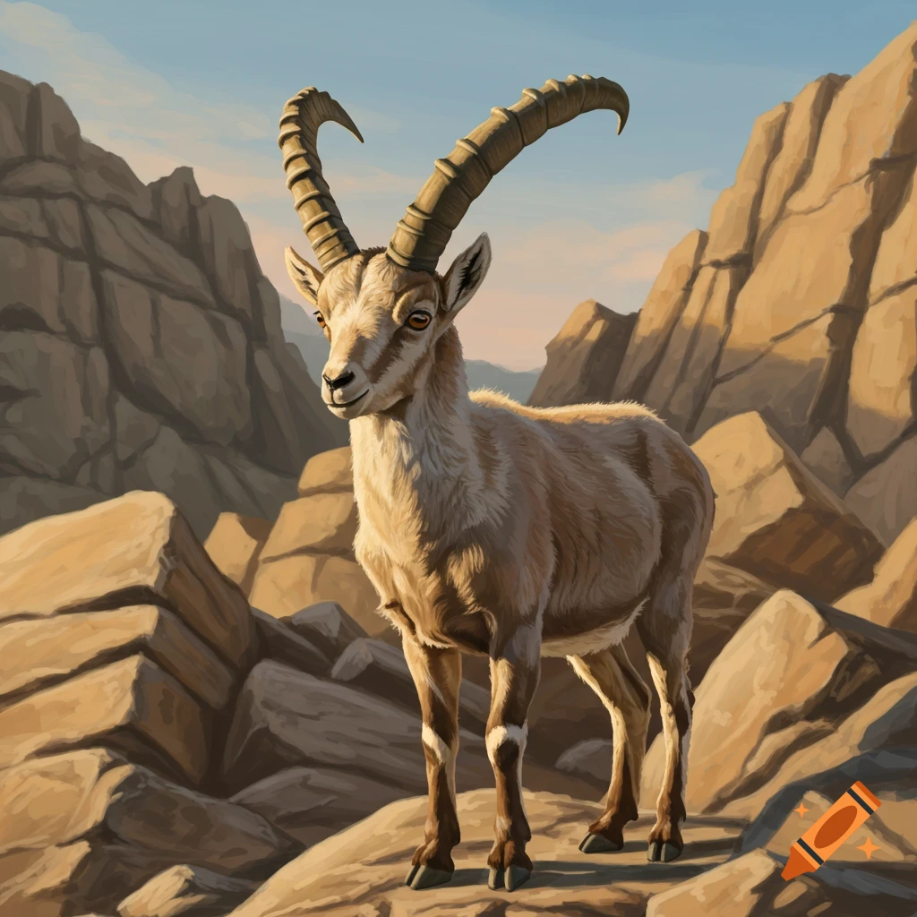 A young ibex with large curved horns stands on rocky terrain under a clear sky, digital painting.