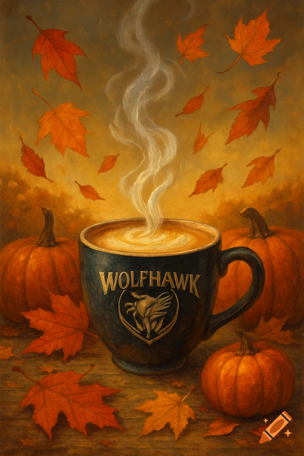 A steaming cup of coffee with a 'WOLFHAWK' logo, surrounded by pumpkins and falling autumn leaves in a painterly style.