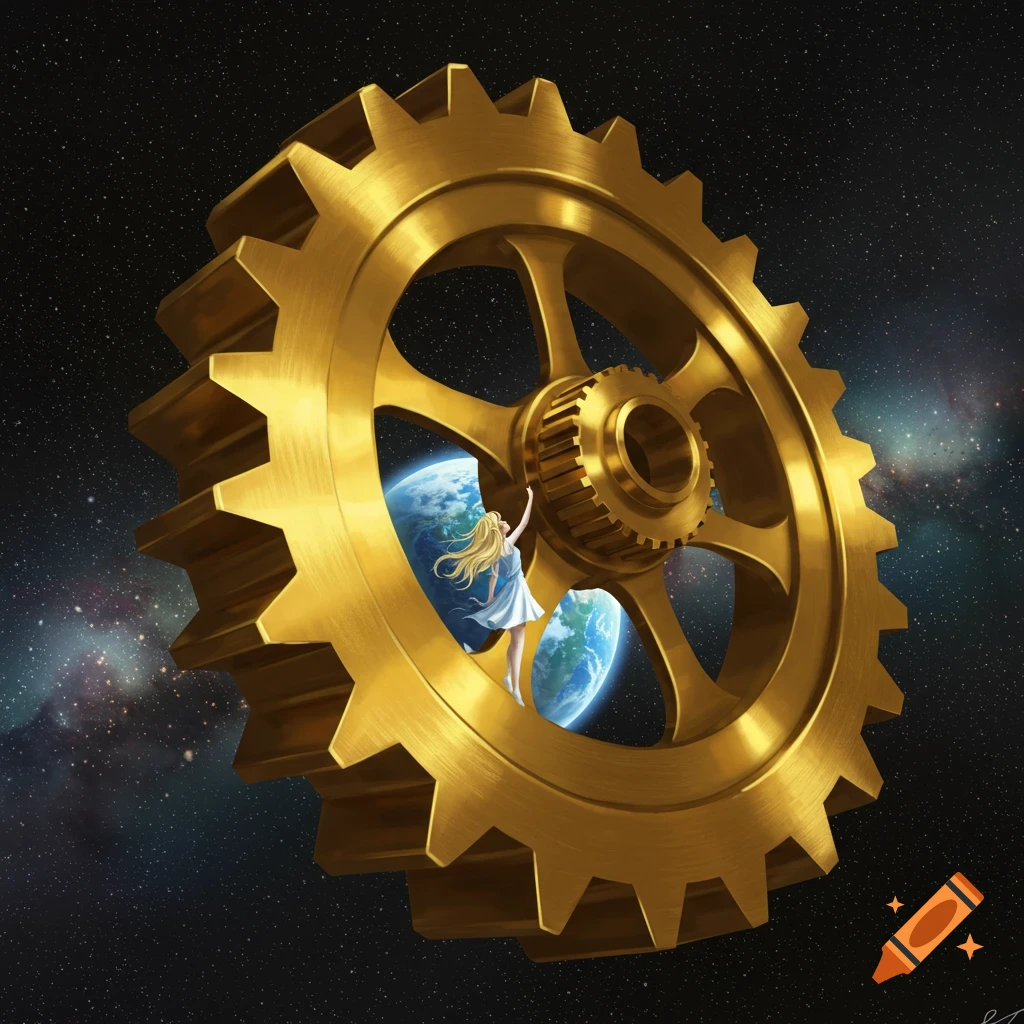 A blonde woman in a white dress holding onto a large golden gear wheel in space, with two Earth globes visible.
