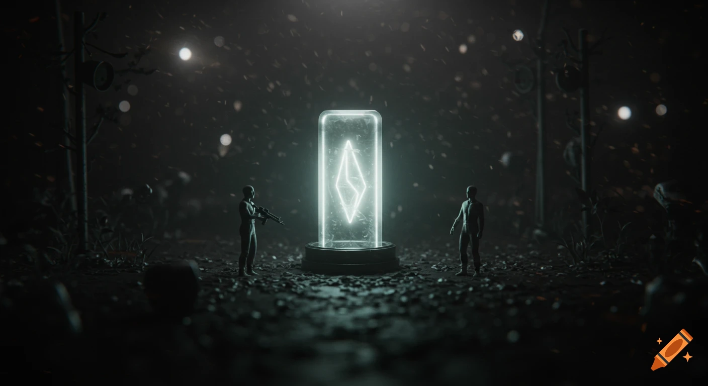 Two stylized figures, one armed, stand in a dark, atmospheric landscape, observing a glowing crystal in a futuristic tube amidst falling particles.