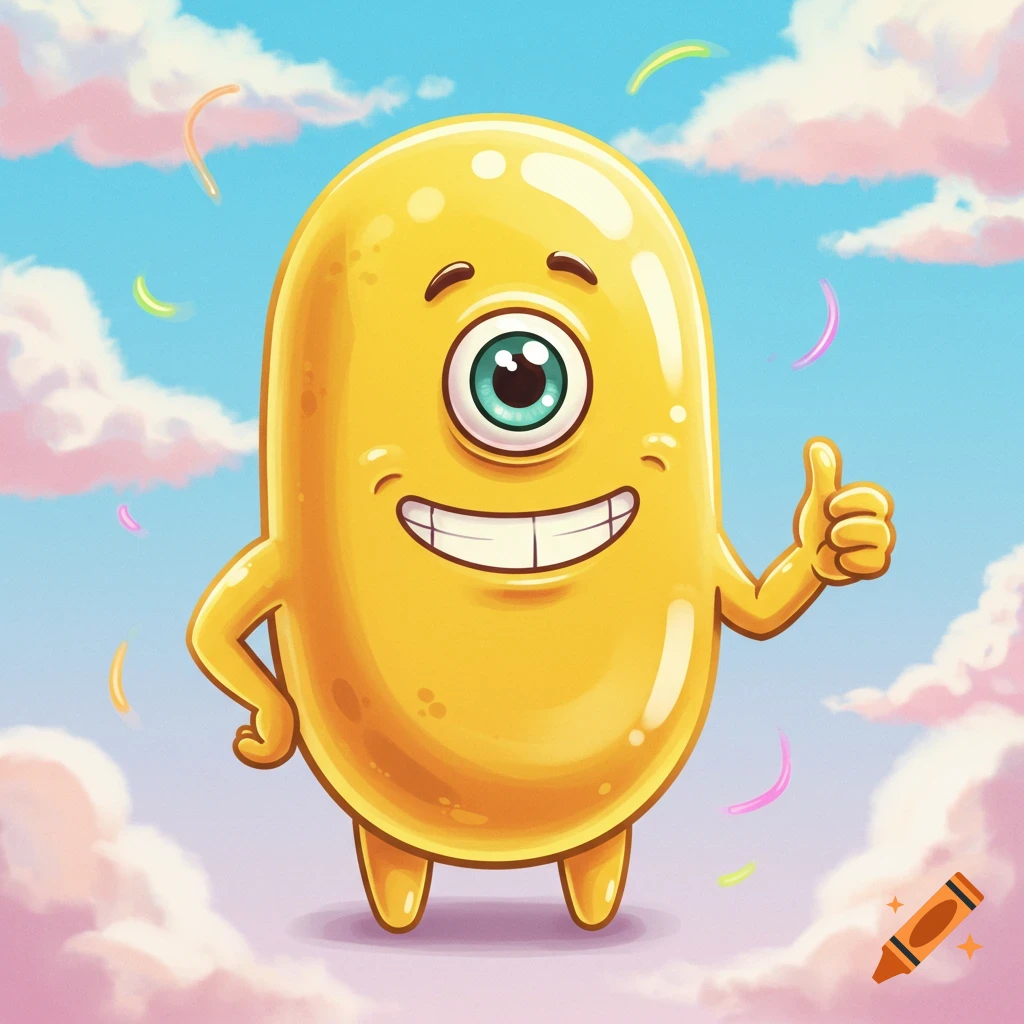 A cheerful yellow cyclops cartoon creature with a big smile gives a thumbs up while floating among pink and white clouds in a blue sky.