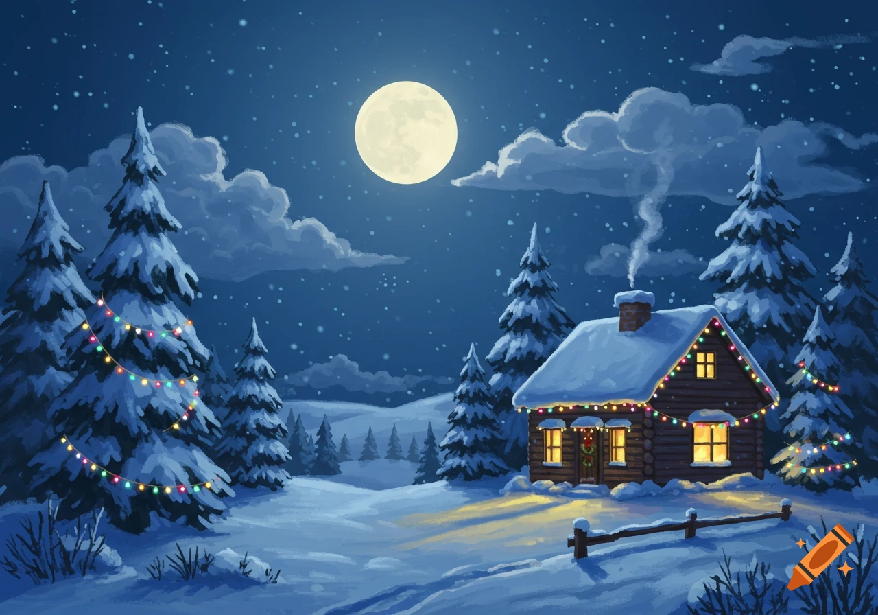 A charming illustration of a snow-covered cabin and pine trees decorated with Christmas lights under a large full moon on a starry winter night.