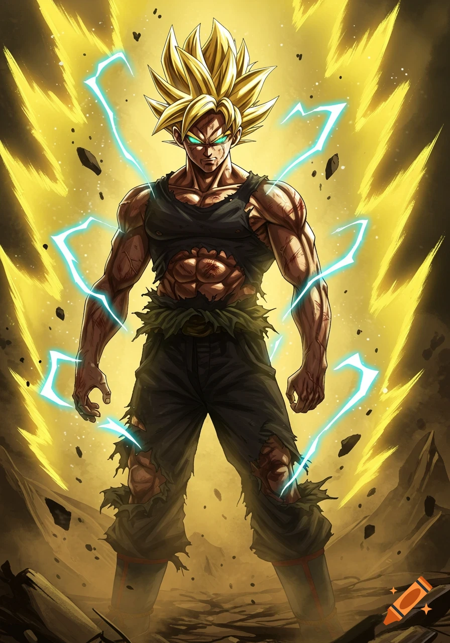 Muscular Super Saiyan Goku in torn black clothes, spiky golden hair, glowing green eyes, with golden aura and blue lightning in a battle-worn setting.