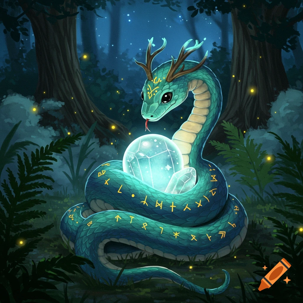 A cute, green-blue fantasy snake with antlers and glowing runes coils around a radiant crystal ball in a magical, dark forest.