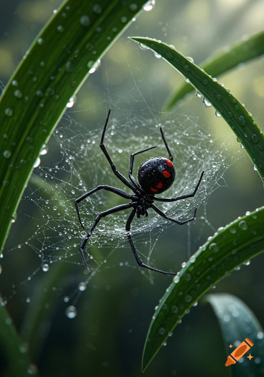A black spider with red spots on its back sits on a dew-covered spiderweb between green leaves. Photorealistic macro shot.