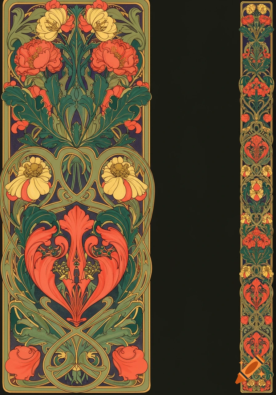 Vertical Art Nouveau frame with vibrant orange, yellow, and green botanical illustrations against a dark background.