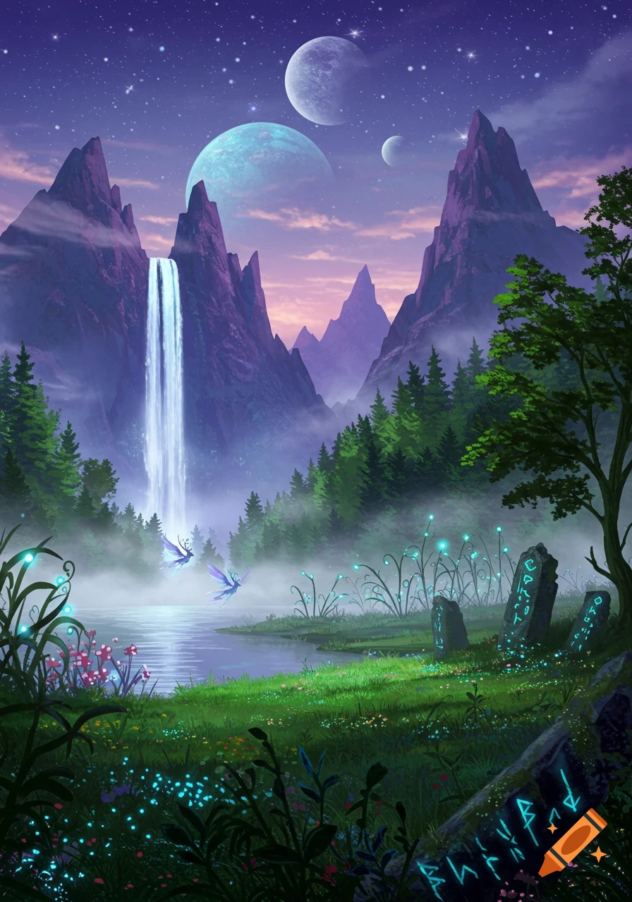 A vibrant fantasy landscape at dusk, featuring towering purple mountains, a bright waterfall, a misty lake, multiple moons in a starry sky, and glowing flora.
