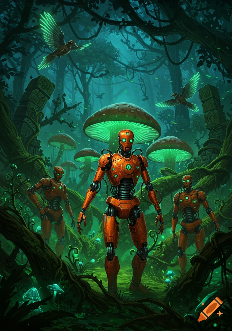 Orange robots stand in a dark, glowing fantasy forest with huge bioluminescent mushrooms, ancient ruins, and flying mechanical birds.