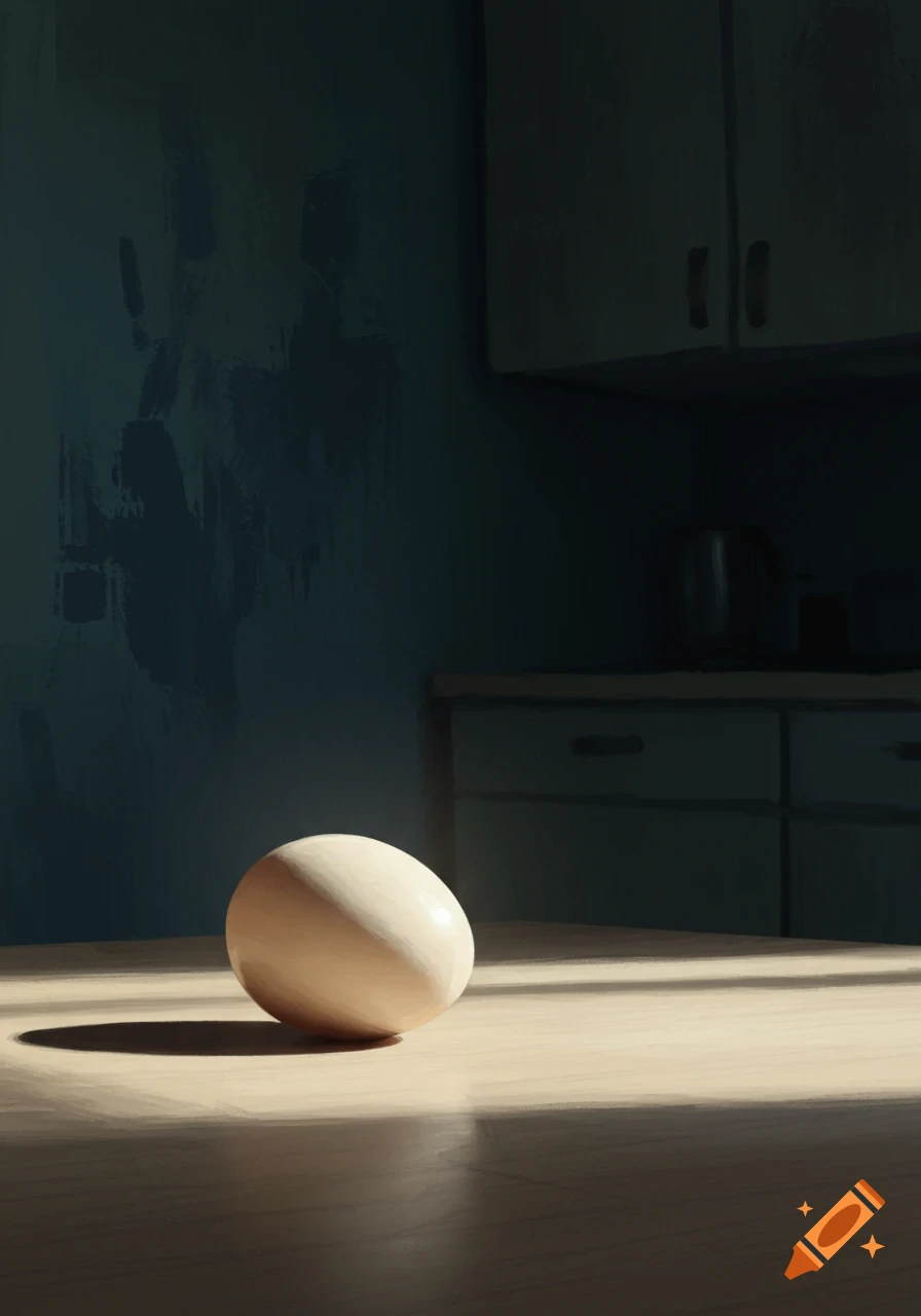 A single egg sits on a table in a dimly lit room, illuminated by a beam of light, in a stylized painting.