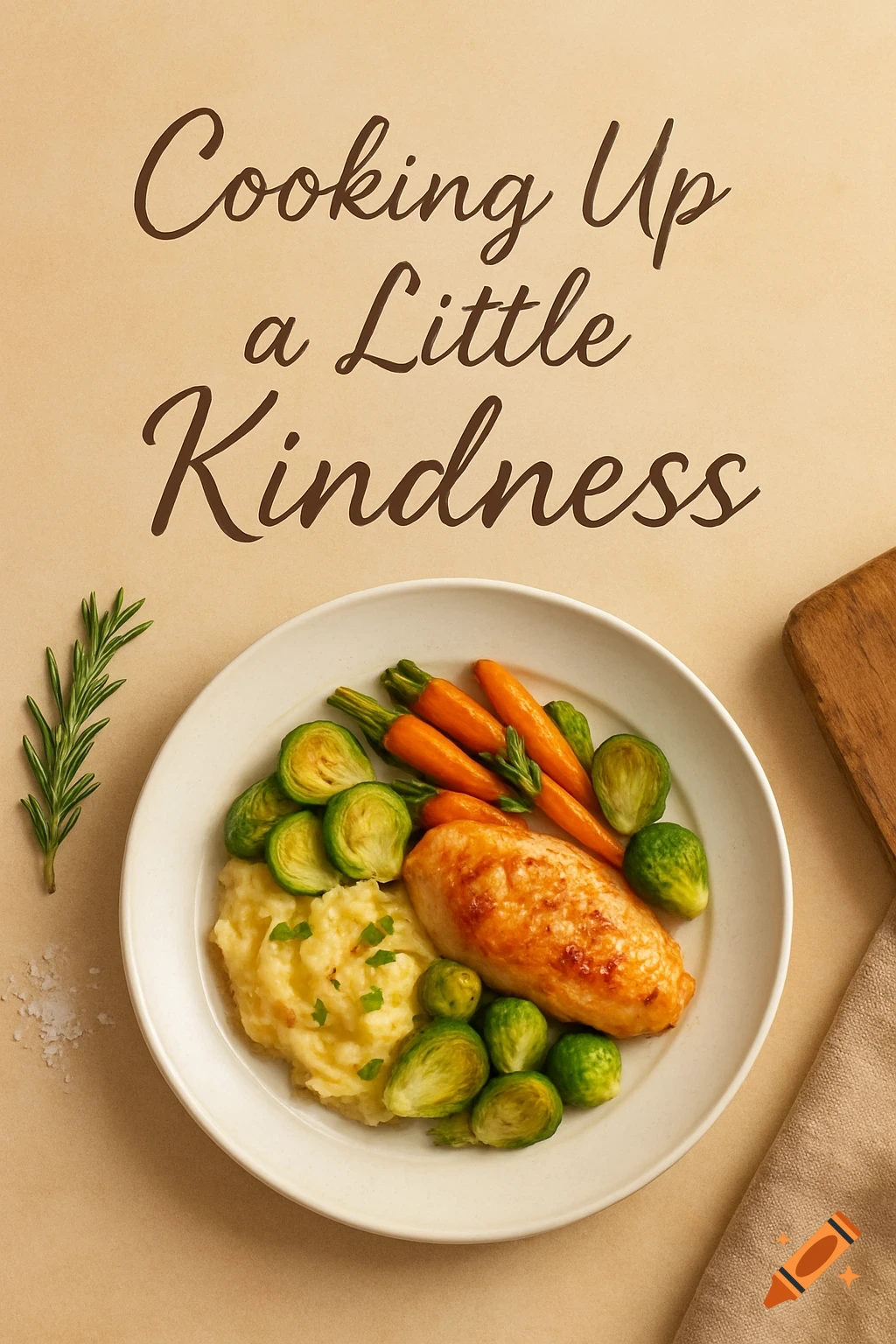 Book cover with 'Cooking Up a Little Kindness' above a plate of chicken, mashed potatoes, Brussels sprouts, and carrots.