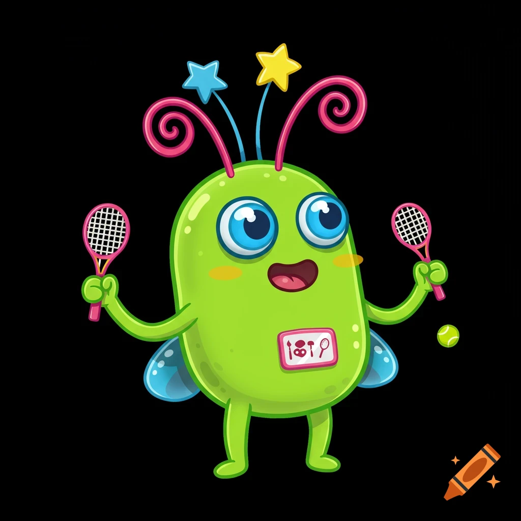 A green cartoon creature with big blue eyes and pink curly antennae holds two pink tennis rackets, with a tennis ball at its feet.