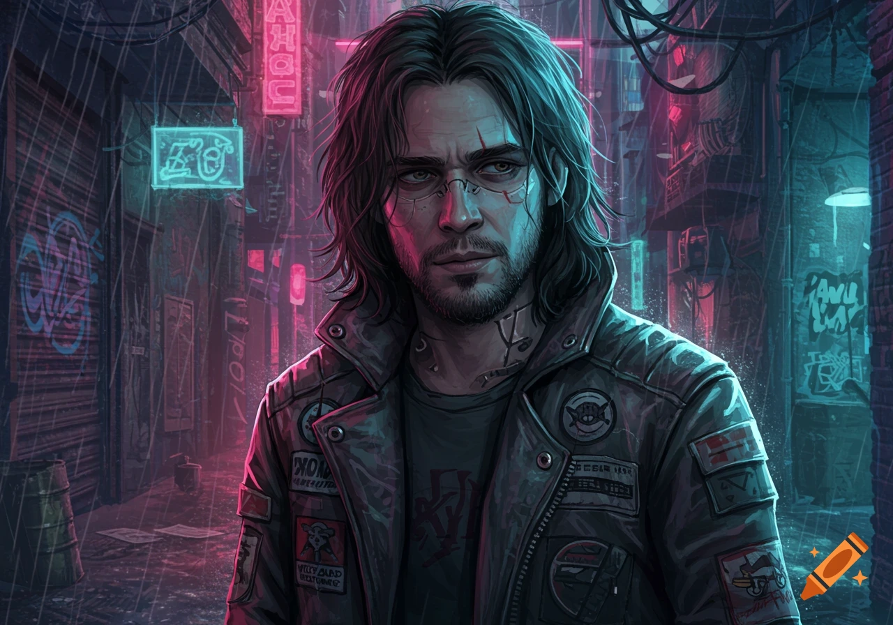 Portrait of a man with long hair, beard, and cybernetic implants, wearing a patched jacket in a rainy cyberpunk alley with neon lights.