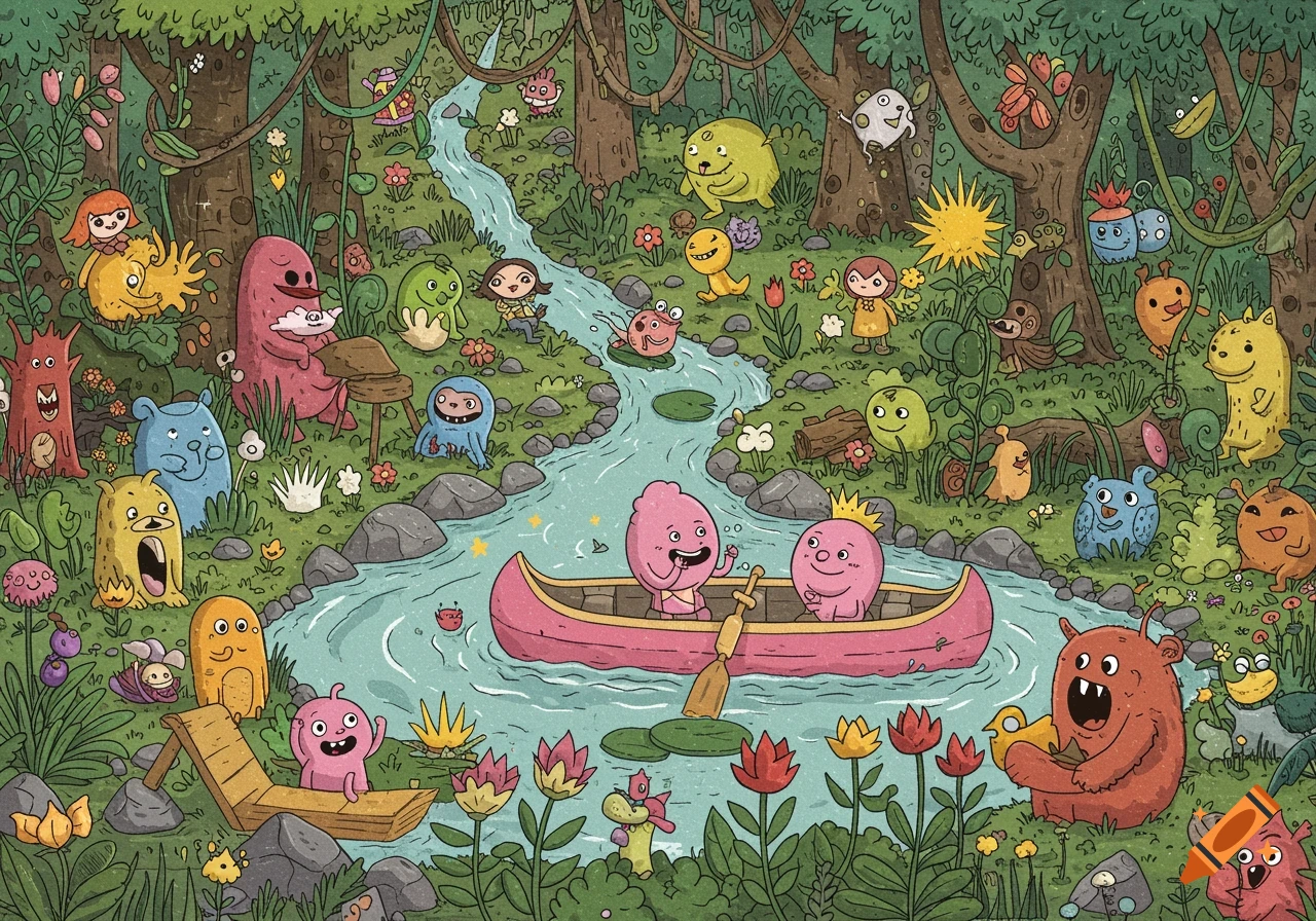 A busy cartoon illustration of a fantasy forest with whimsical monsters and creatures, two pink pea-like characters paddle a canoe in a river.