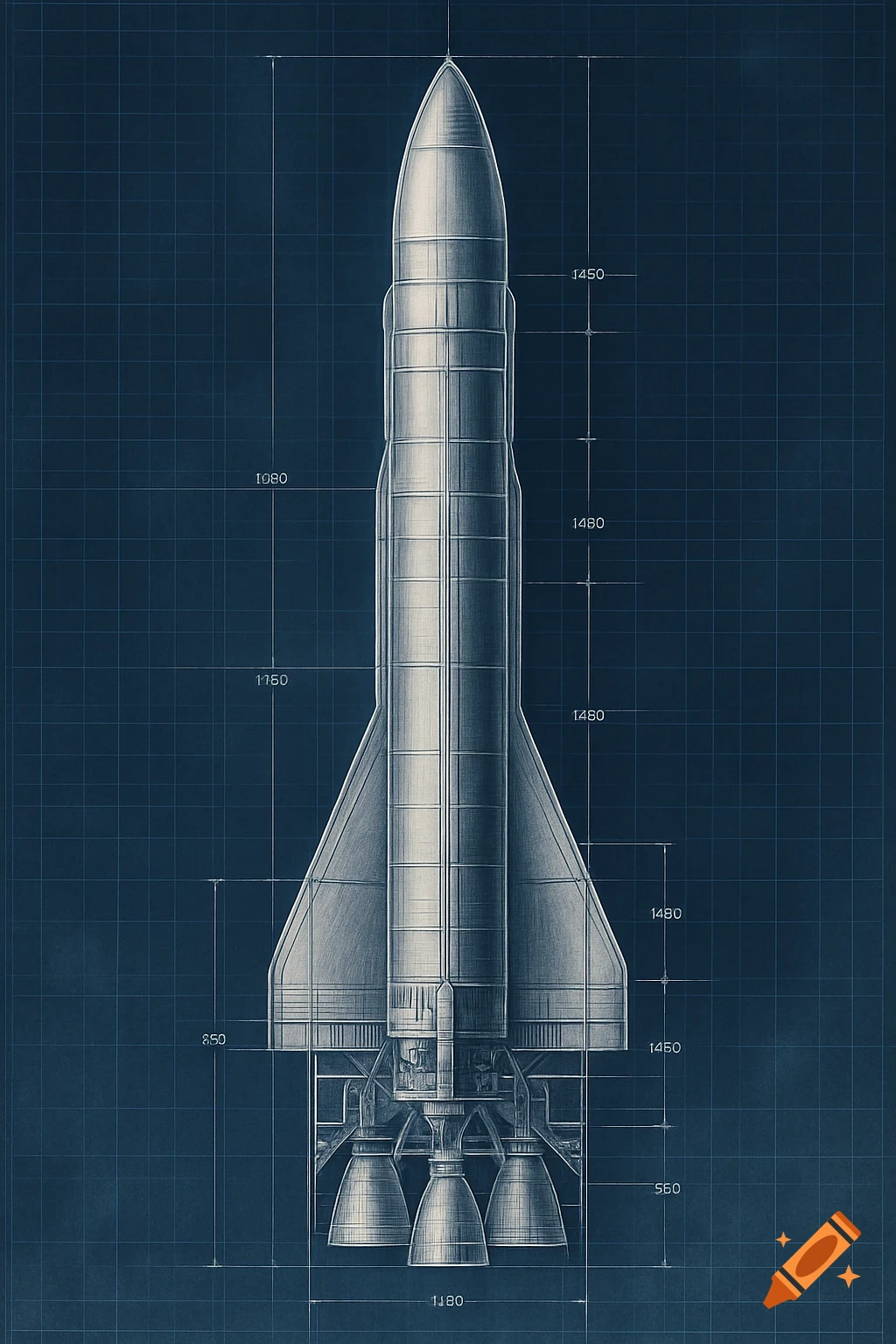 Blueprint-style engineering drawing of a rocket with dimensional annotations on a grid background.