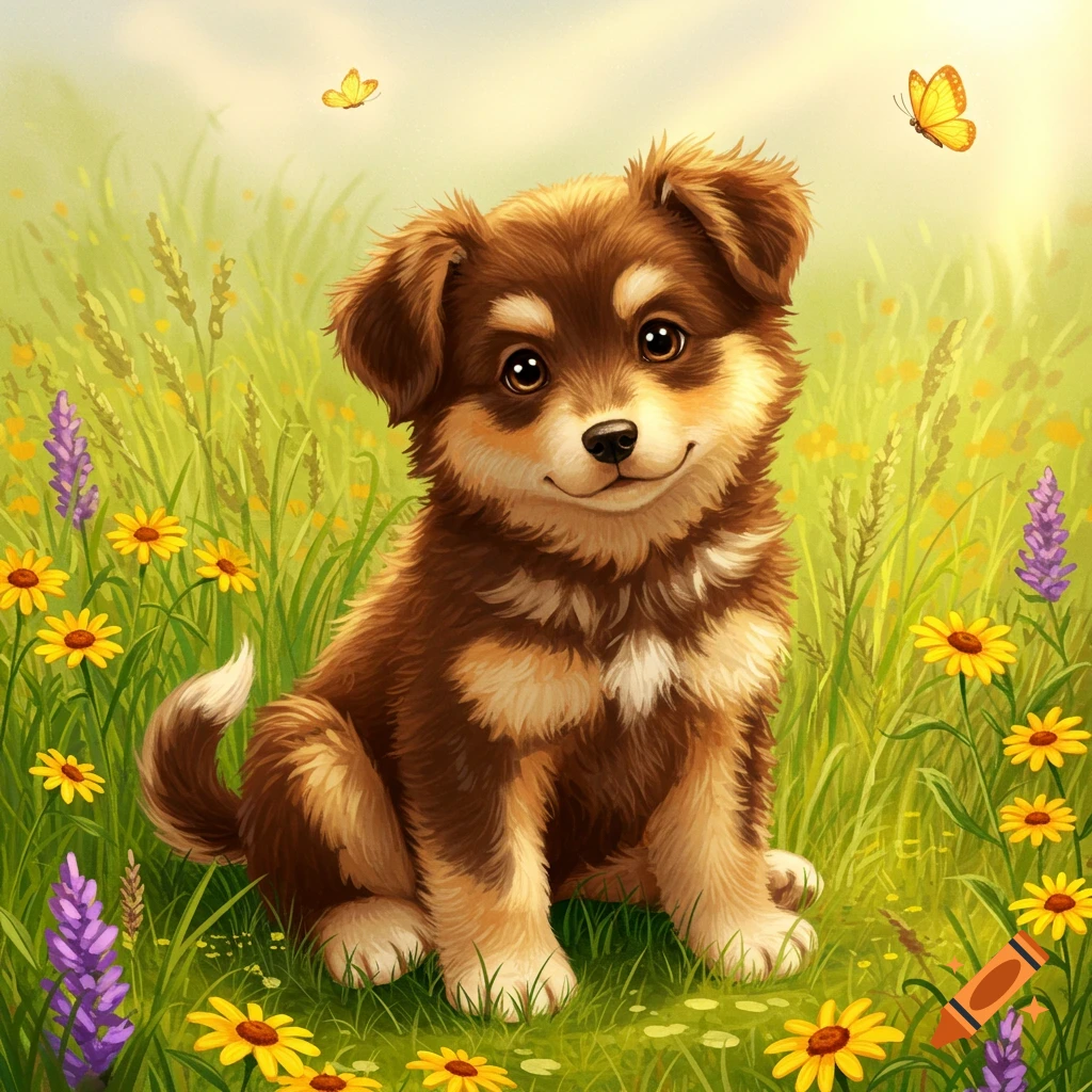 A cute brown and white fluffy puppy sits in a field of green grass and colorful flowers with butterflies.
