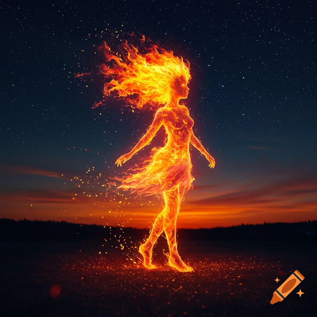 A fiery human-like figure, glowing orange and yellow, walks across a dark landscape under a starry night sky with a sunset.
