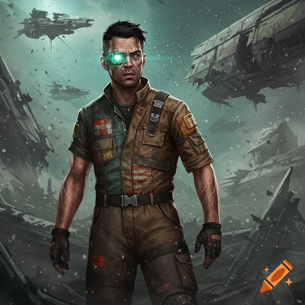 A rugged salvage technician with a glowing green cybernetic eye stands amidst the wreckage of derelict spaceships under a dusty green sky.