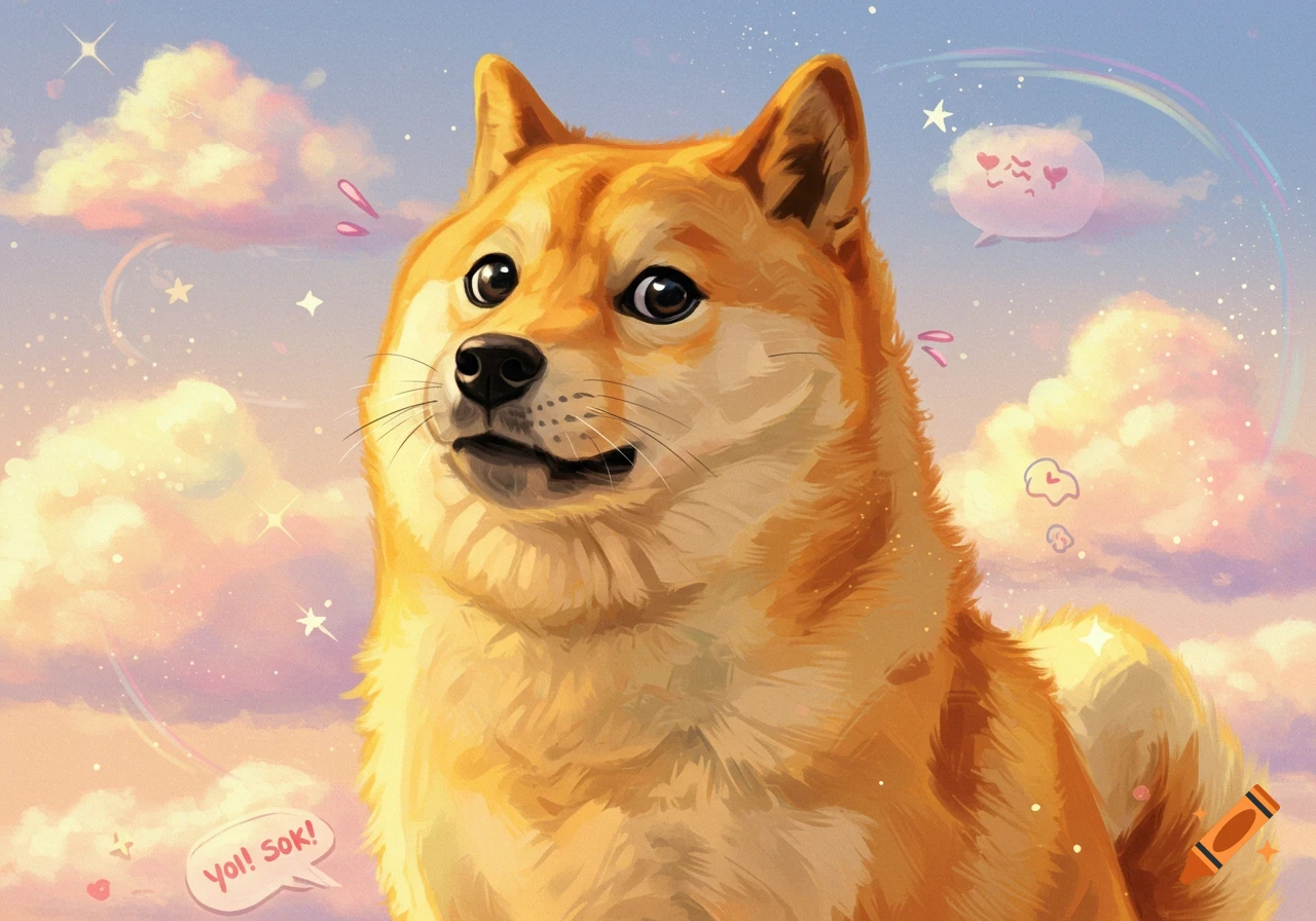 A cartoon Shiba Inu (Doge meme) against a whimsical sky with pink clouds and stars. A speech bubble says 'YO! SOK!'.