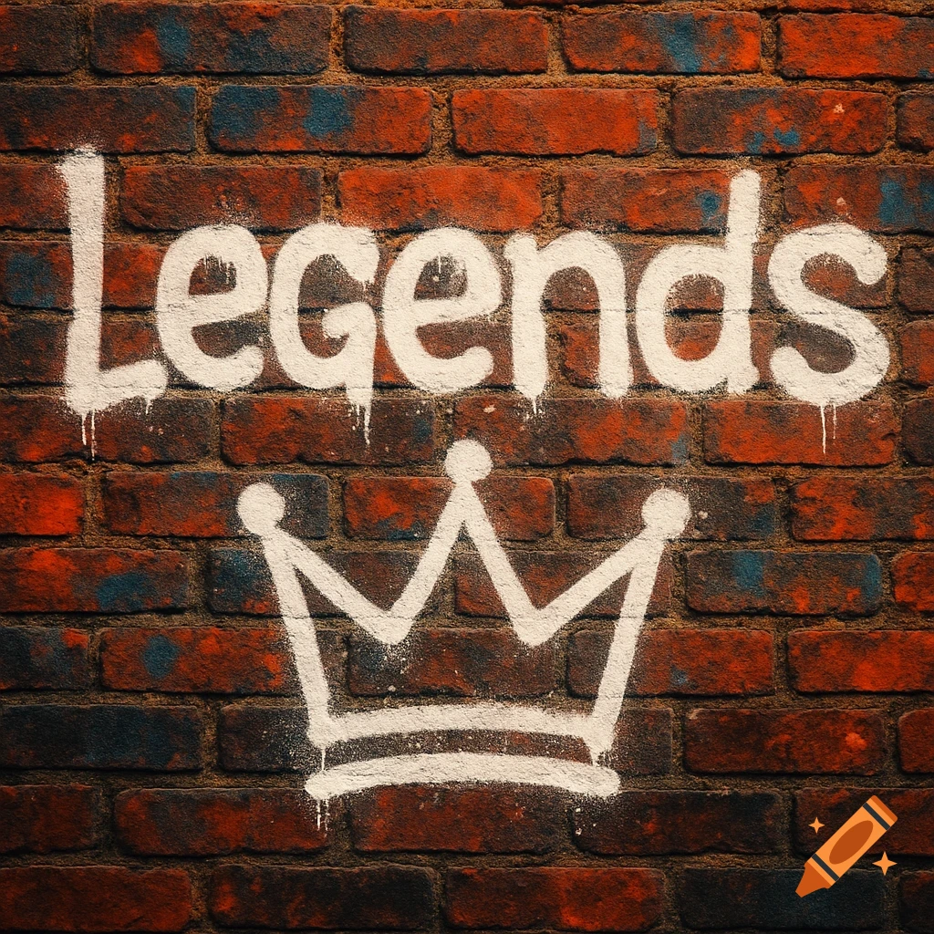 White spray-painted 'Legends' text and a crown symbol on a reddish-brown brick wall.