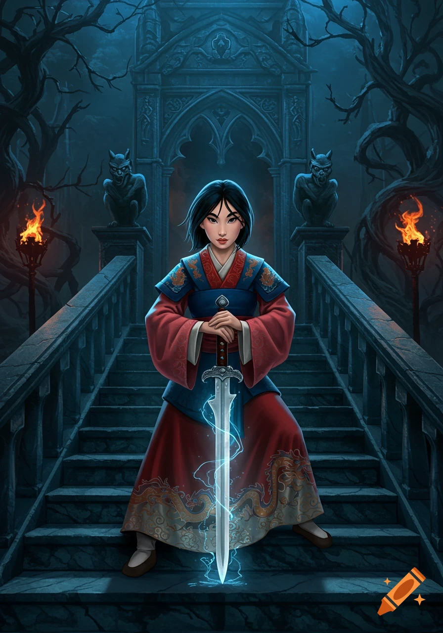 Mulan stands heroically on dark gothic castle stairs, holding a glowing sword, flanked by gargoyles and torches, in a fantasy illustration.