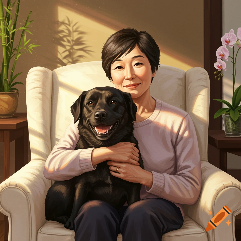 A smiling Asian woman sits in an armchair, holding a happy black Labrador dog in a brightly lit indoor setting.