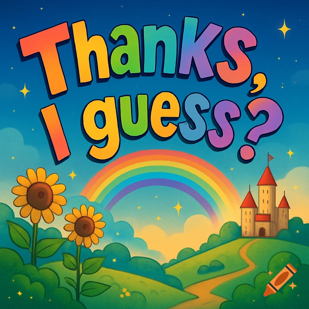 A colorful cartoon landscape with a rainbow, sunflowers, and a castle under the bright text 'Thanks, I guess?'.