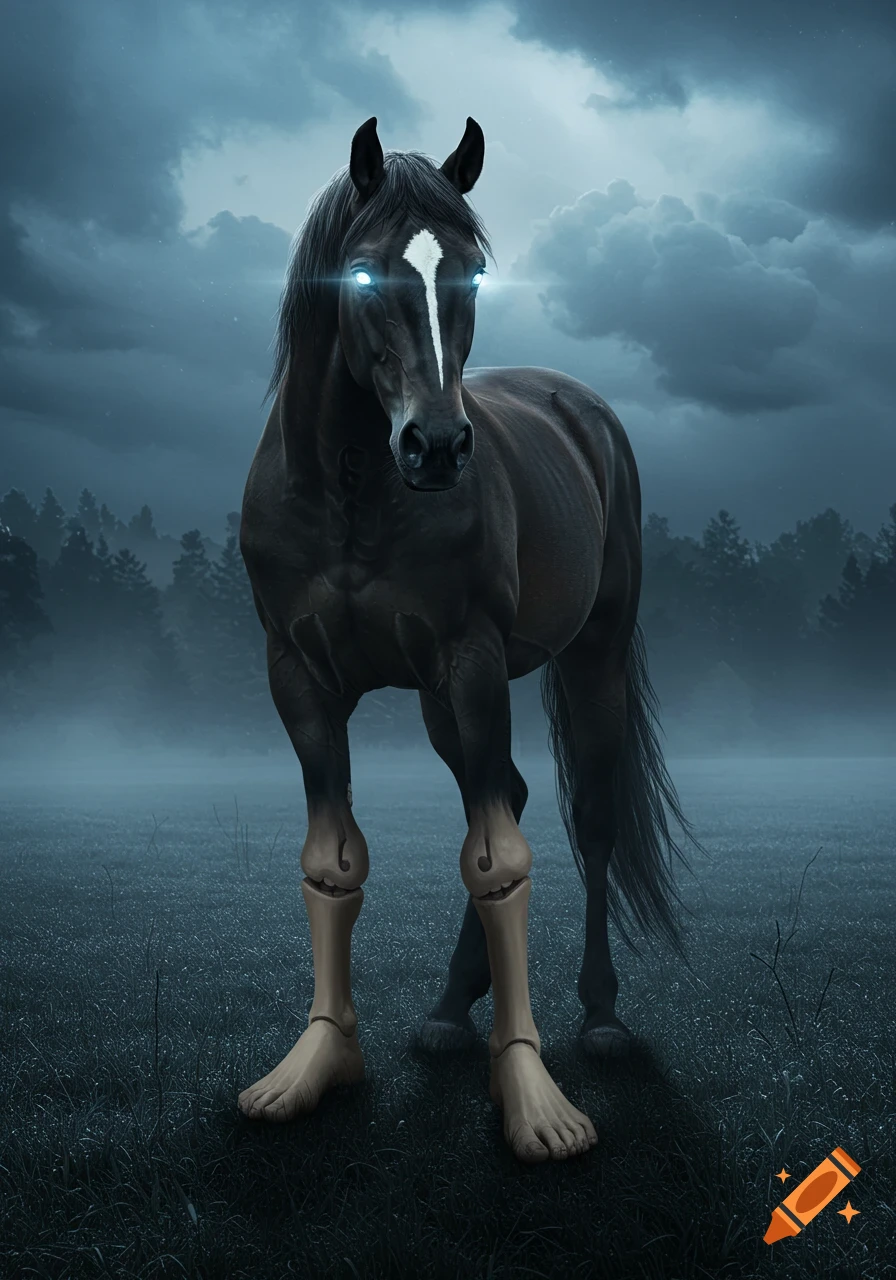 A black horse with glowing blue eyes and human feet stands in a misty field under a dark, cloudy sky.